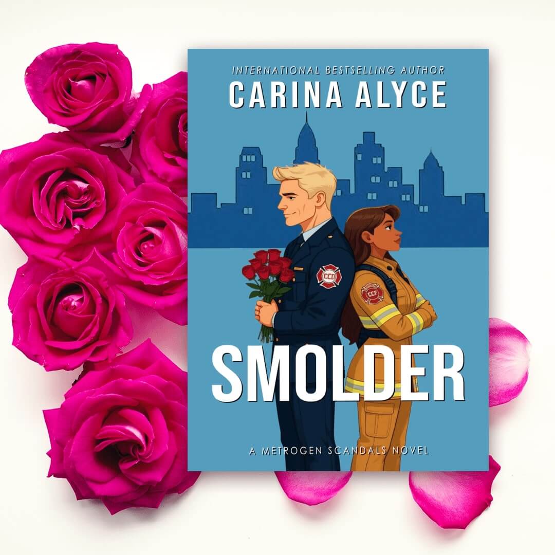 Book cover of 'Smolder' by Carina Alyce with a cityscape background and two characters, surrounded by pink roses.