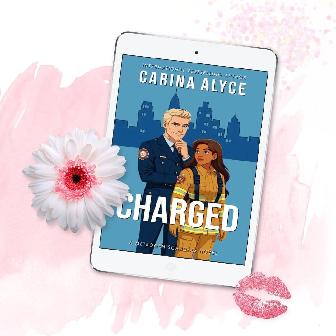 Ebook cover of 'Charged' by Carina Alyce on a tablet with a flower and lipstick mark on a pink background