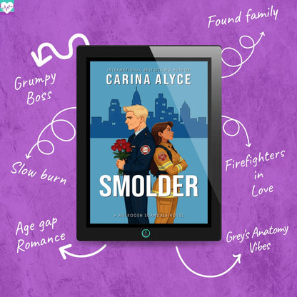 E-reader displaying the book 'Smolder' by Carina Alyce on a purple background with text about the book's genre.