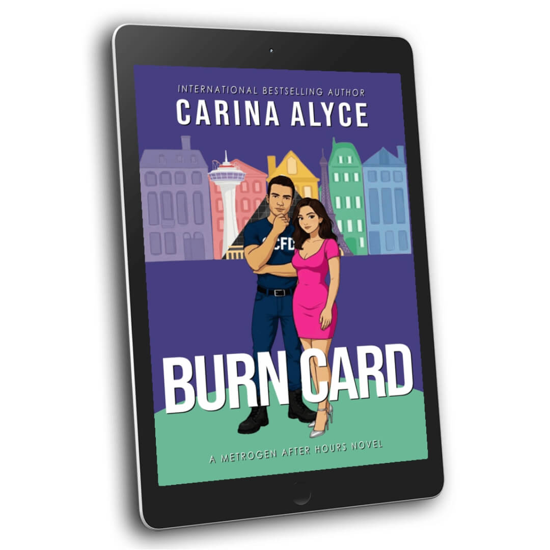 Tablet displaying the book cover of 'Burn Card' by Carina Alyce on a white background