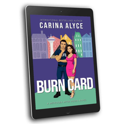 Tablet displaying the book cover of 'Burn Card' by Carina Alyce on a white background