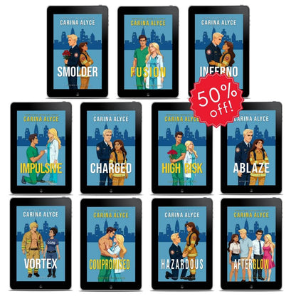 Tablets displaying book covers by Carina Alyce with a 50% off discount badge.