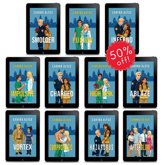 Tablets displaying book covers by Carina Alyce with a 50% off discount badge.