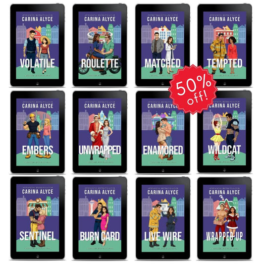 Tablets displaying book covers by Carina Alyce with a 50% off label.
