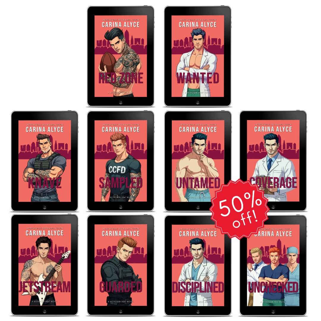 Tablets displaying book covers by Carina Alyce with a 50% off badge.