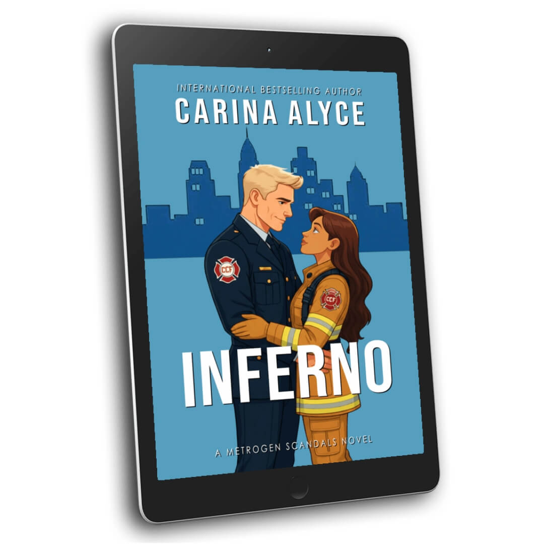Tablet displaying the book cover of 'Inferno' by Carina Alyce with a city skyline background.