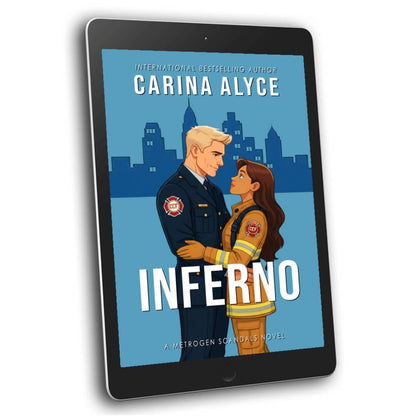 Tablet displaying the book cover of 'Inferno' by Carina Alyce with a city skyline background.