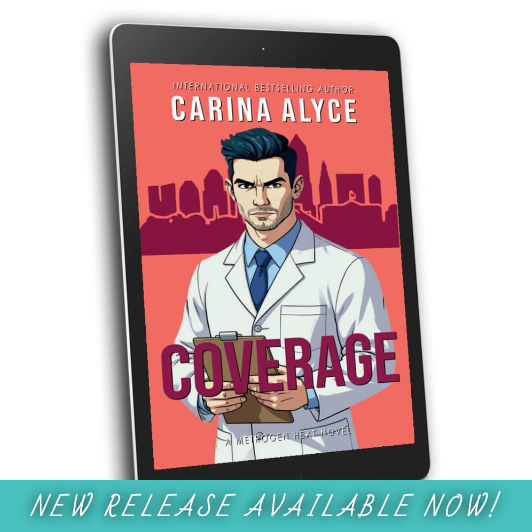 Digital book cover of 'Coverage' by Carina Alyce on a tablet screen with a cityscape background.