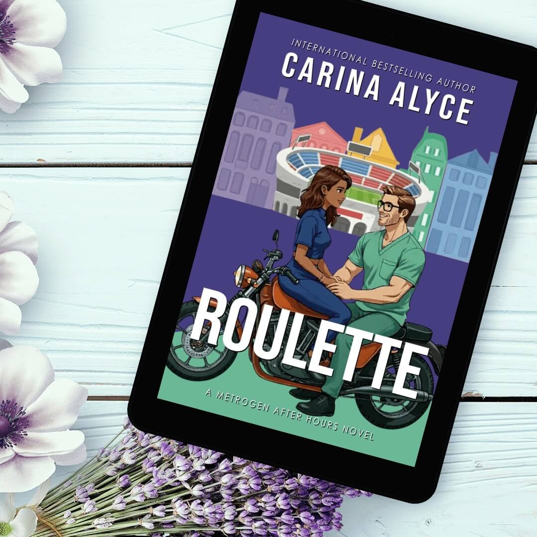 Book cover of 'Roulette' by Carina Alyce on a tablet with flowers around