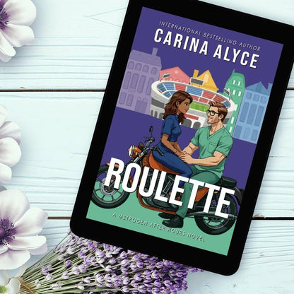 Book cover of 'Roulette' by Carina Alyce on a tablet with flowers around