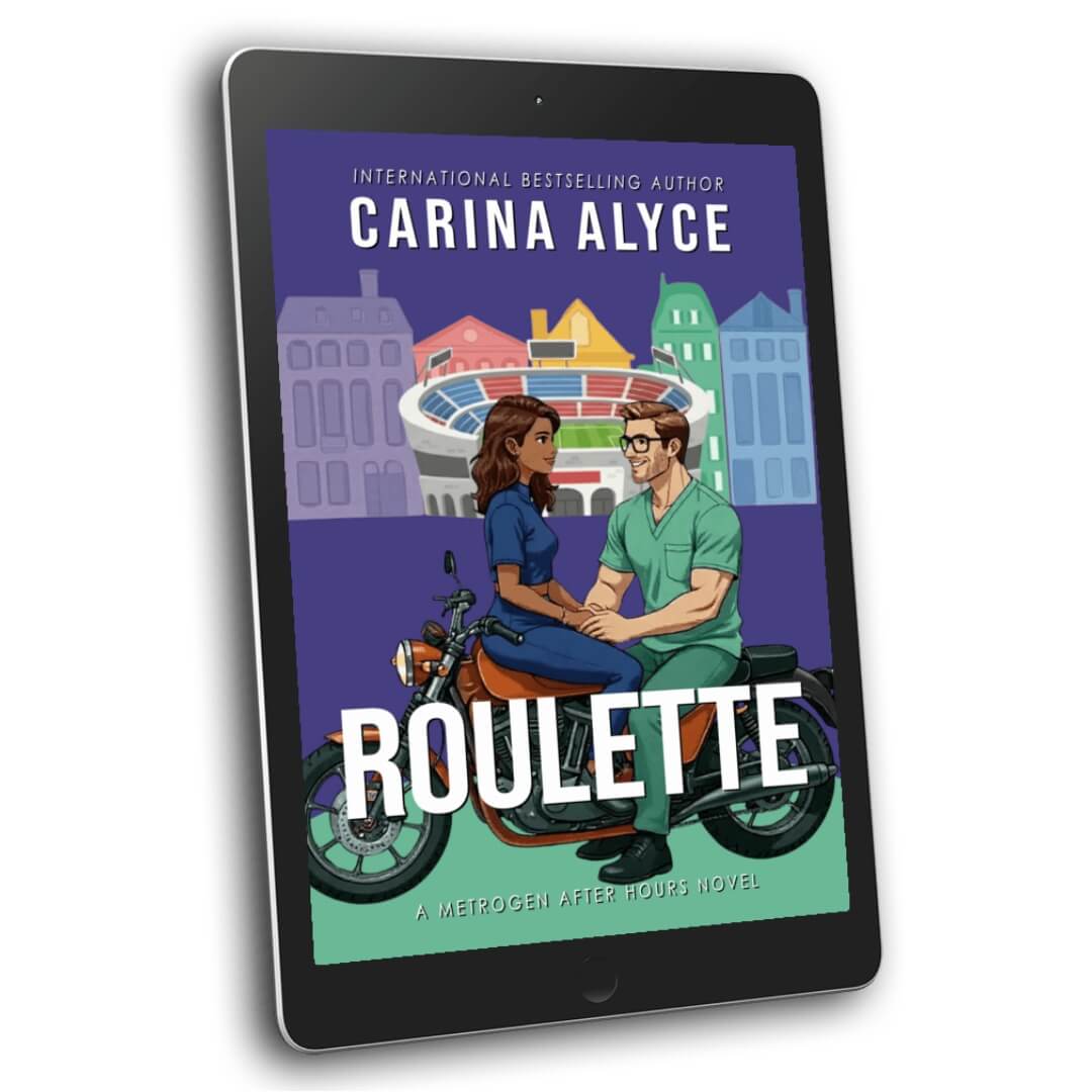 Tablet displaying the book cover of 'Roulette' by Carina Alyce with a cityscape background.