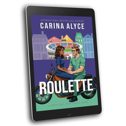 Tablet displaying the book cover of 'Roulette' by Carina Alyce with a cityscape background.