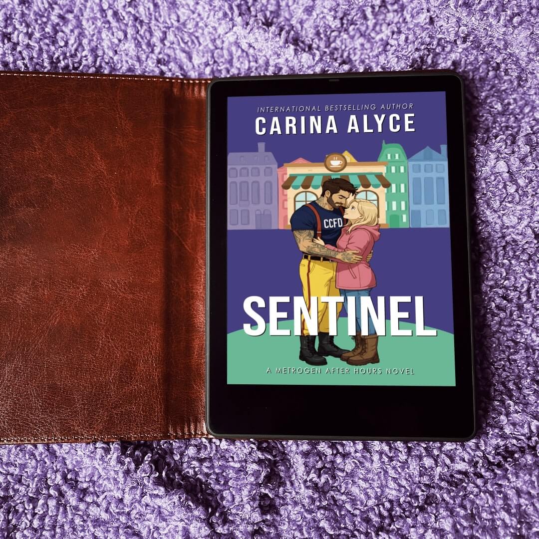 E-reader displaying the cover of 'Sentinel' by Carina Alyce on a purple textured surface with a brown leather case.