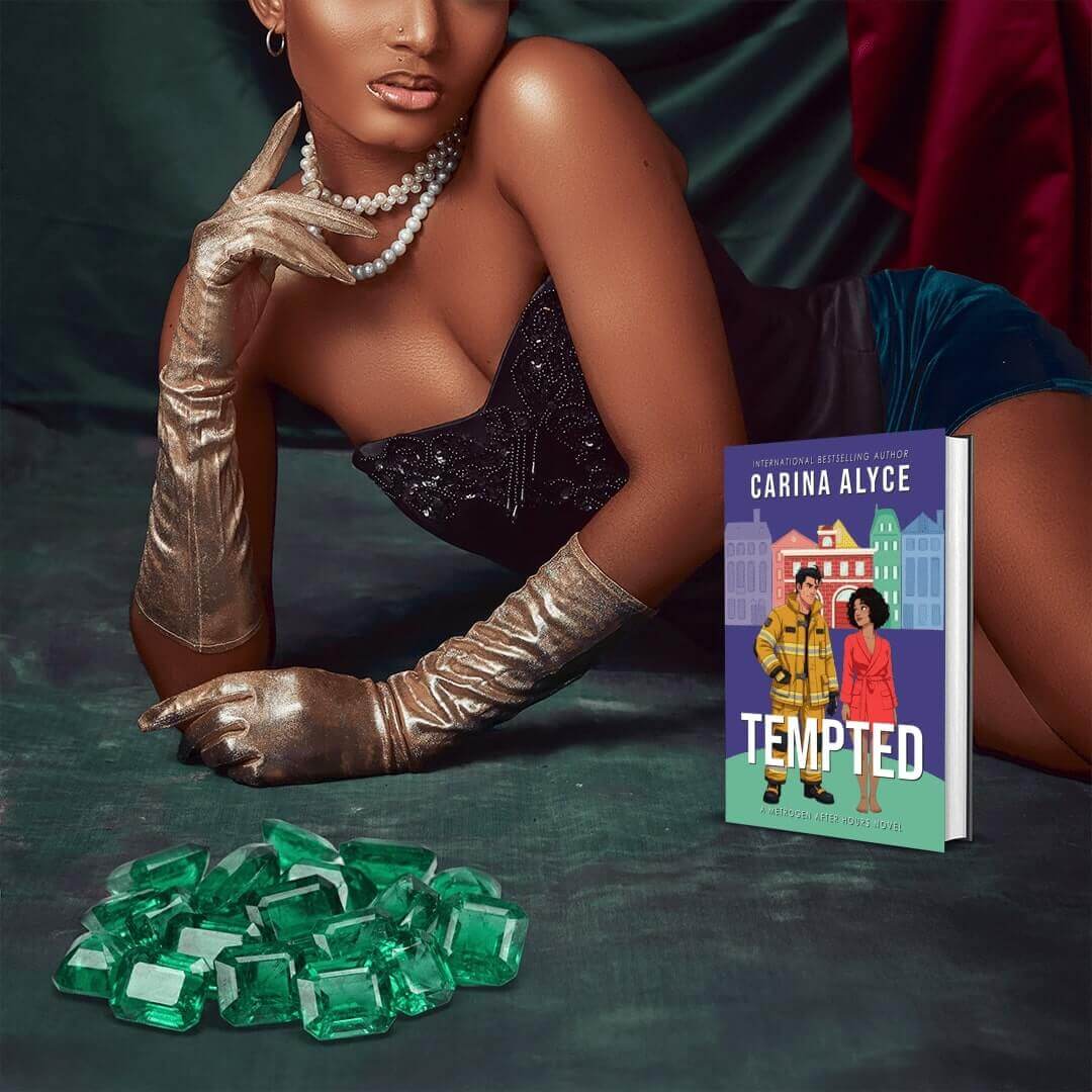 Woman in evening gown with gloves and emeralds, book titled 'Tempted' by Carina Alyce