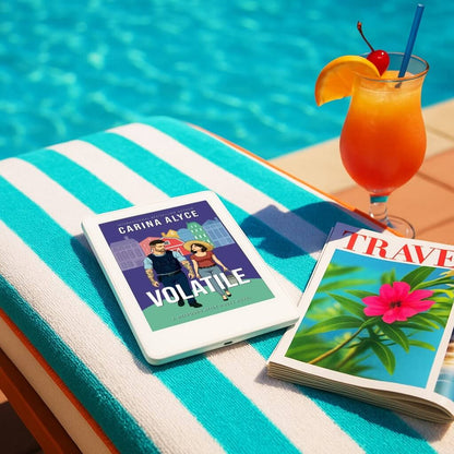 Book titled 'Volatile' by Carina Alyce on a tablet with a tropical drink and magazine by a pool.