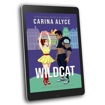 Tablet displaying the book cover of 'Wildcat' by Carina Alyce on a white background