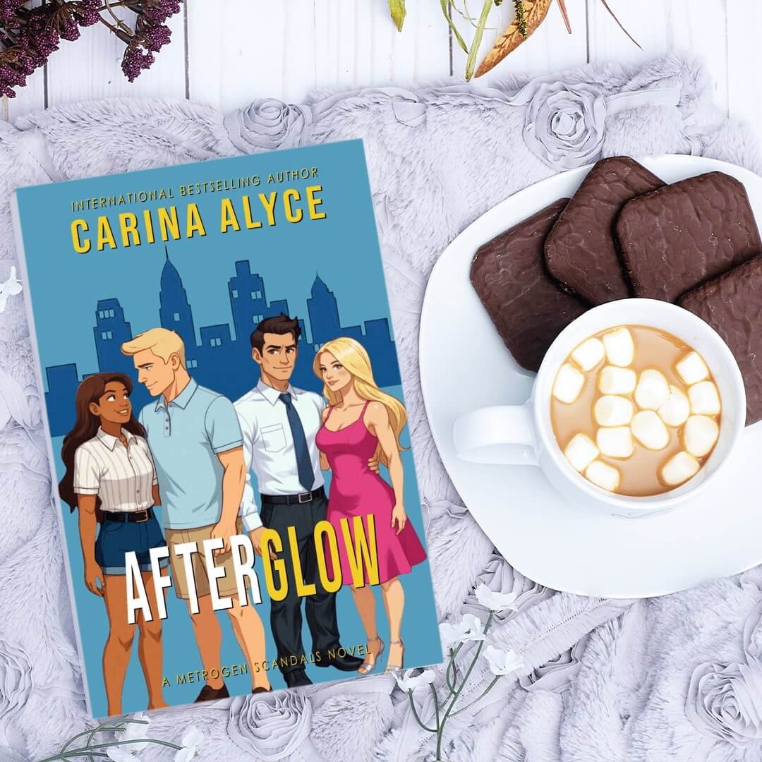 Book titled 'Afterglow' by Carina Alyce with a cup of coffee and cookies on a decorative surface.