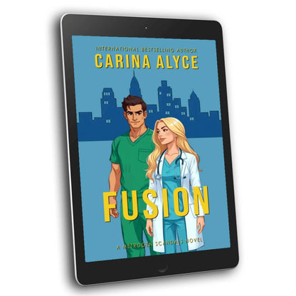 Ebook cover of 'Fusion' by Carina Alyce on a tablet with a cityscape background