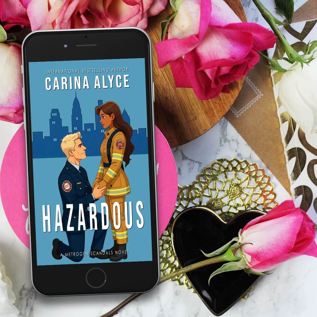Phone displaying 'Hazardous' book cover with flowers and decorative elements