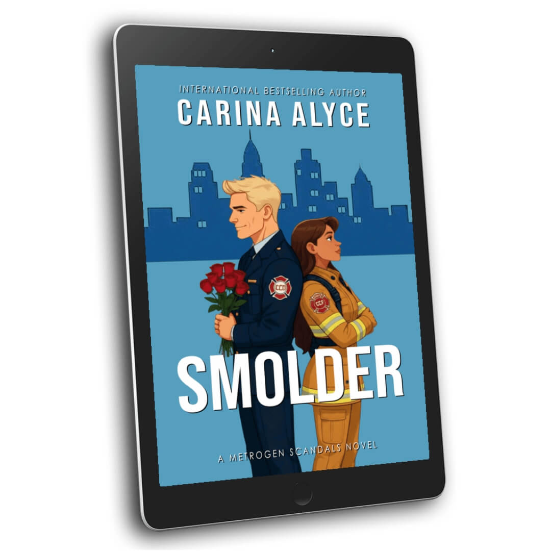 Ebook cover of 'Smolder' by Carina Alyce on a tablet with a city skyline background