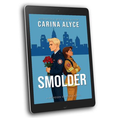 Ebook cover of 'Smolder' by Carina Alyce on a tablet with a city skyline background